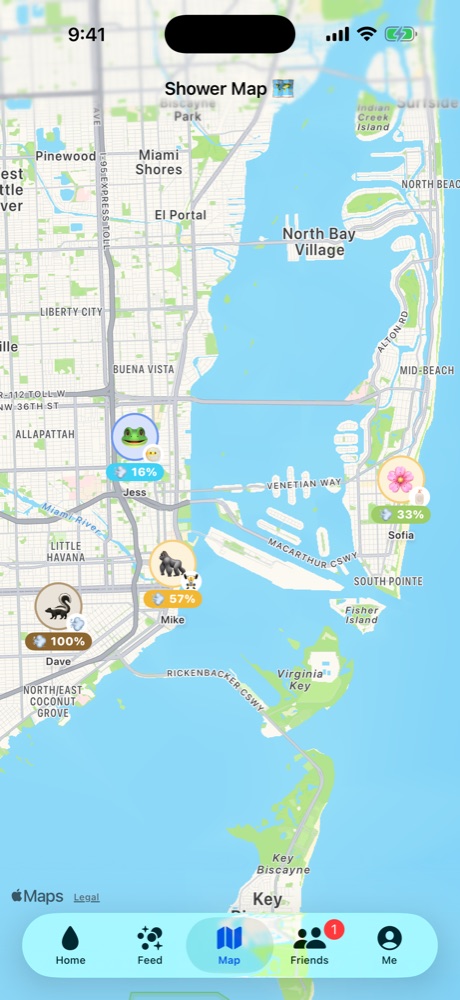 Map of friends' showers